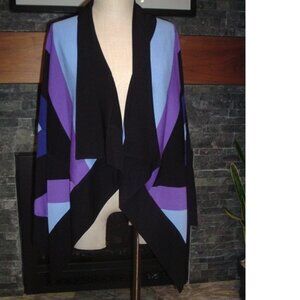MISOOK Womens Open Cardigan Sweater Sz PL Travel Knit Black Purple Blue Blocks